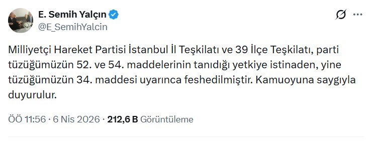MHP İstanbul ve 39 İlçe Teşkilatı Feshedildi